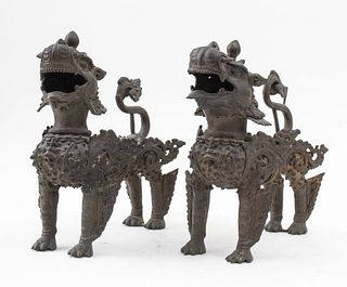 Nepalese Bronze Lion Sculptures, Pair