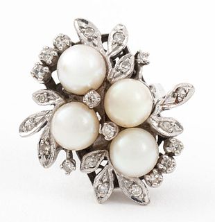 Antique 14K White Gold Diamond Pearl Cluster Ring