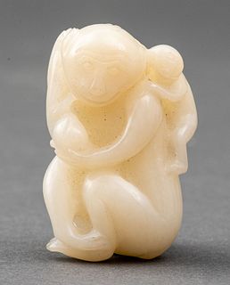 Chinese White Jade Carving of Mother Monkey & Baby