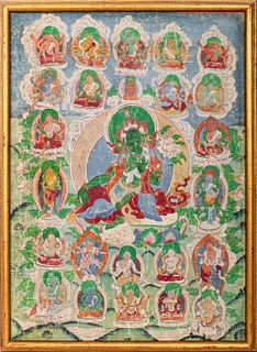 Tibetan Painted Thangka on Cloth with Green Tara