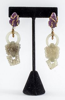 Chinese 14K Gold Carved Jade & Amethyst Earrings