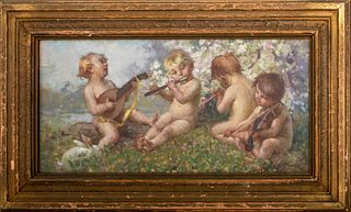 Children Playing Instruments Signed Oil Painting