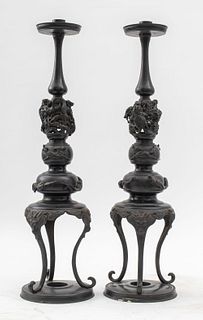 Japanese Meiji Bronze Candlestick Holders, Pair