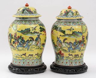 Large Chinese Famille Jaune Temple Jars, Pair