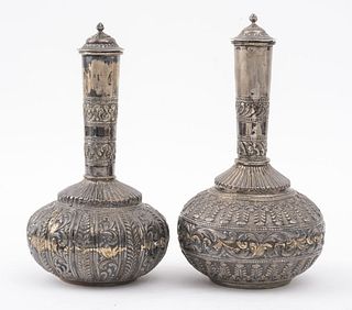 Thai Silver Covered Vases, Pair
