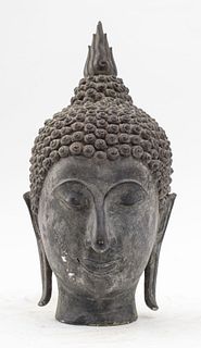 Thai Cast Stone Bronzed Patina Buddha Head Bust