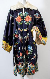 Chinese Embroidered Silk and Fur Opera Coat