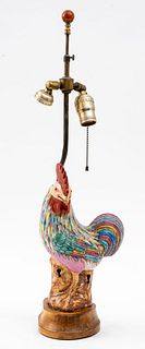 Chinese Polychrome Glazed Porcelain Rooster Lamp