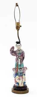 Chinese Polychrome Painted Ceramic Guanyin Lamp
