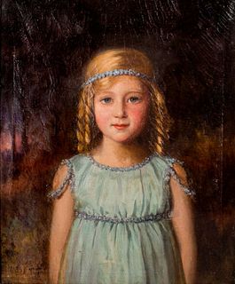 Ernest Moore Girl in a Blue Dress Oil on Canvas