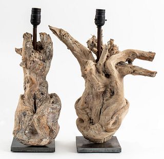 Modern Driftwood Table Lamps, Pair