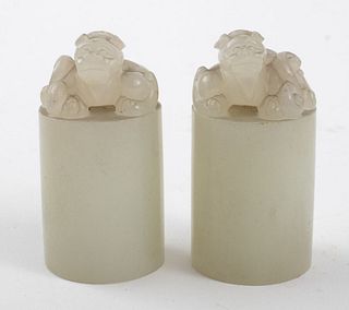Chinese White Jade Seals with Foo Dogs, Pair