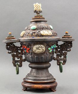 Mongolian Lidded Silver Censer with Jade and Stone Inlay