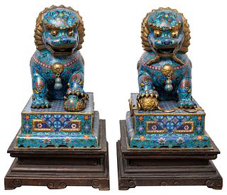 Large Chinese Cloisonne Guardian Lions, Pair