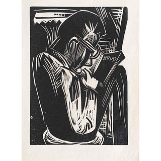 KARL SCHMIDT- ROTTLUFF, Lesender Mann (Bildnis Albert Brust), 1921, Sin firma, Xilografía S/N, 19.8 x 7.8 cm