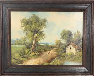 Mid-Century Signed Village House, Oil on Board