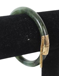 Spinach Jade Bangle w 14K Yellow Gold Accents