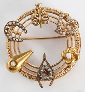 14K Yellow Gold Vintage Decorative Brooch w Pearls