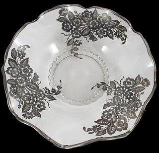 Art Nouveau Glass Dish w Floral Silver Overlay