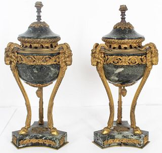 19th C French Pair of Gilt Bronze & Marble Urns
