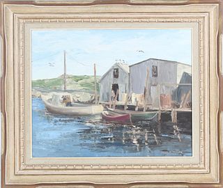Harbor Scene Oil on Canvas Board, 20th C