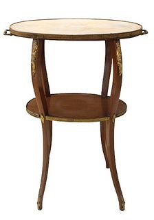 Antique Round Marble Top Wooden Side Table w Shelf