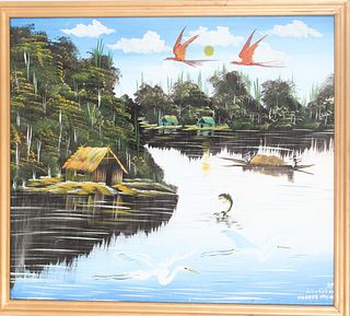 Asian Waterscape, Signed O/C