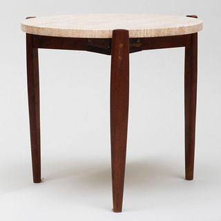 Round Travertine and Walnut Side Table