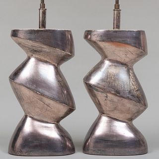 Pair of Contemporary Silvered Wood Lamps, in the Style of Heifetz