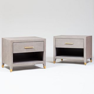 Pair of Restoration Hardware Faux Shagreen and Brass Bedside Tables