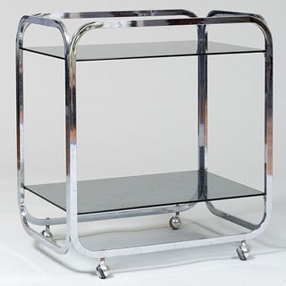Modern Chrome and Smokey Glass Two-Tier Bar Cart