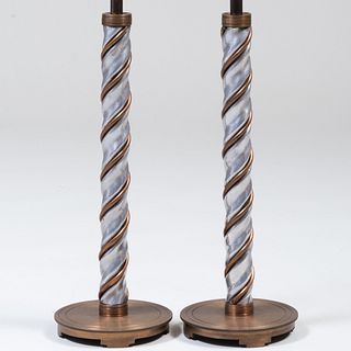 Pair of Modernist Spiral-Twist Polished Aluminum, Copper and Bronze Table Lamps