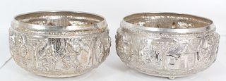 Pair of Lg Burmese Silver Heavy Relief Bowls 40ZT