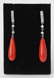 Coral Earrings w Pave Diamonds