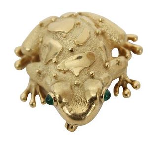 18K Yellow Gold Frog Pin w Emeralds