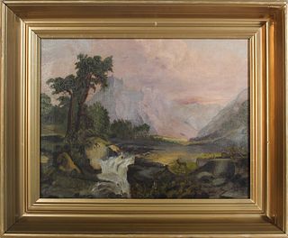 19th C. Western Landscape w Deer & Waterfall, O/C