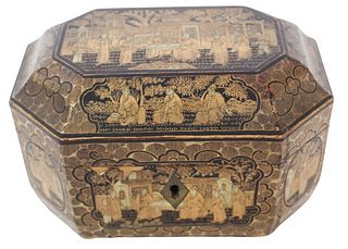 Chinese Black & Gilt Lacquered Octagonal Box
