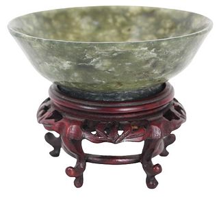 Chinese Green Jade Bowl on Wooden Stand 17th C.