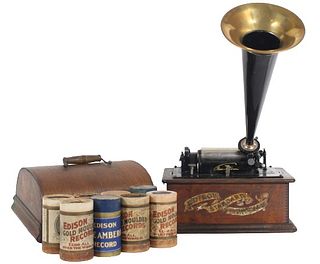 Vintage Phonograph with Horn & Cylinders