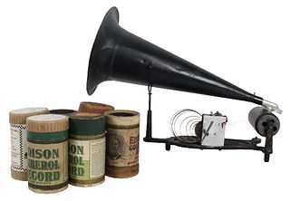 Vintage Traveling Phonograph w Horn & Cylinders