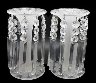 Pair of Frosted Flare Vases w Crystal Prisms