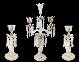 Ornate 3-Pc Glass & Prism Candelabra Set