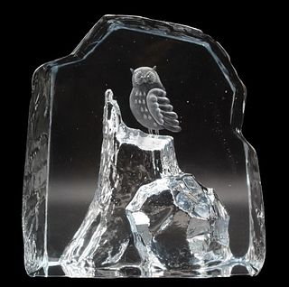 Art Glass Sculpture with Etched Owl, Signed
