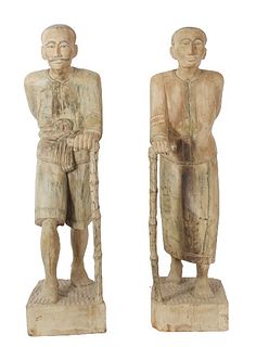 (2) Large Chinese Hand-Carved Peasant Figures
