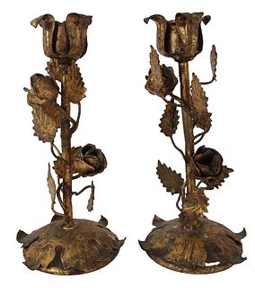 Pair of Mixed Metal Gilt Rose Candle Holders