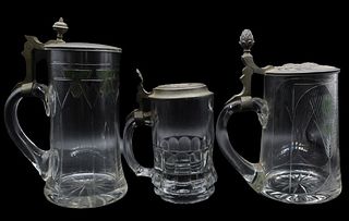 (3) Antique German Bohemian Glass Beer Steins