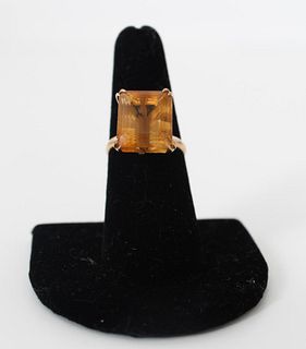 Emerald Cut Citrine Ring, Set in 14K Gold