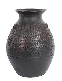 Antique Japanese Textured Vase w Dark Brown Patina