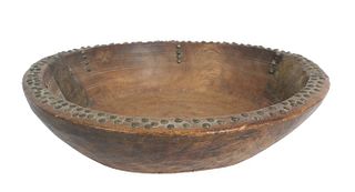 Antique Primitive Wood Bowl w Brass Studs