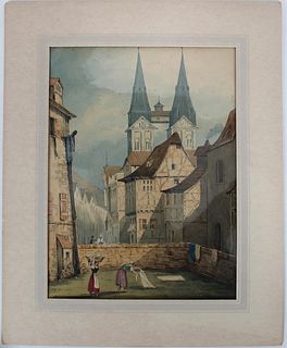 Early 19th Century Belgian Town Scene, Watercolor